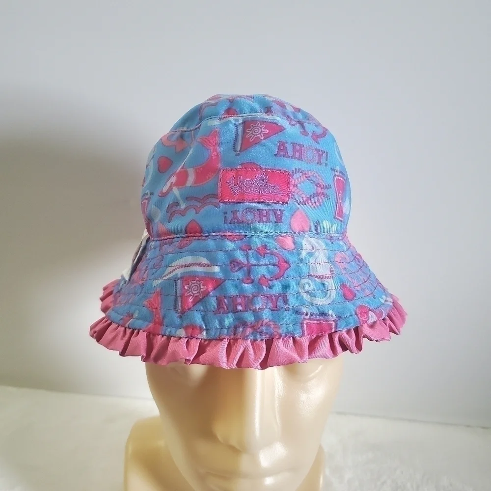 𝅺UVSKINZ Pink Blue Ahoy Sea Pattern Ruffled Reversible Sun Hat Size 2T
